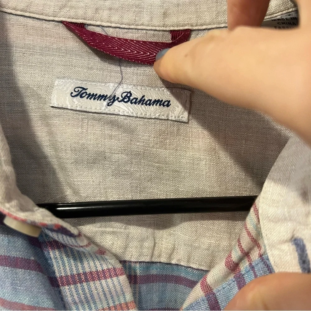 Tommy Bahama Linen Blue and Pink Plaid Button-Down Shirt size medium